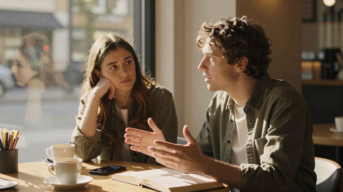Dois jovens estão sentados numa mesa junto a uma janela, conversando seriamente num café.