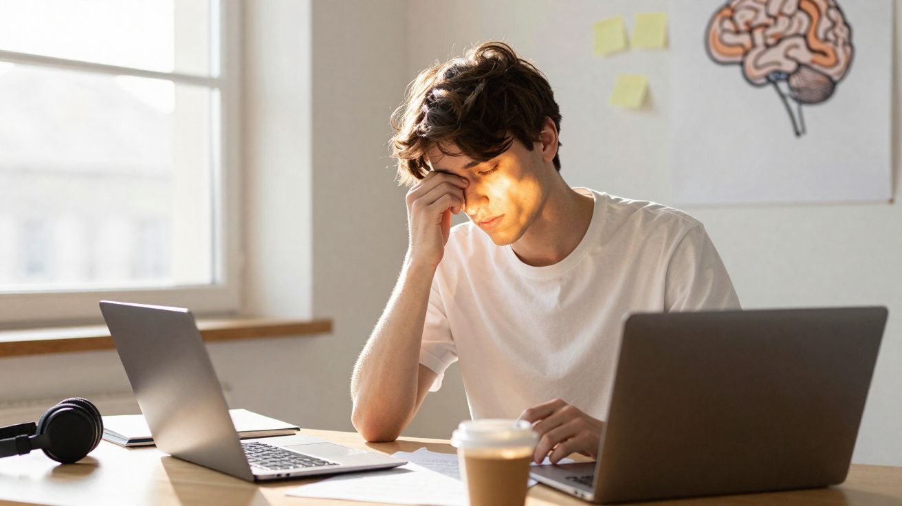 Jovem cansado a trabalhar entre dois computadores numa mesa com luz solar a incidir no rosto.