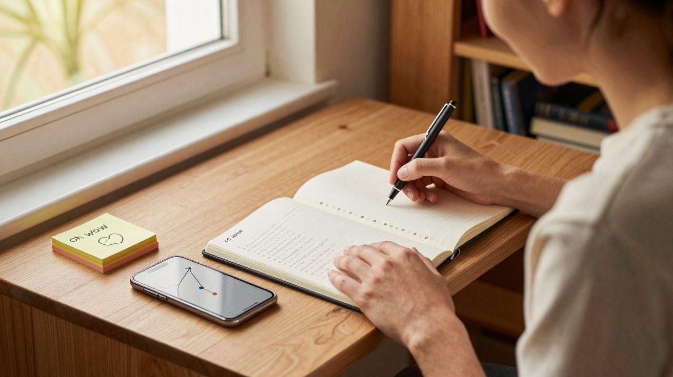 Pessoa a escrever numa agenda diária numa secretária de madeira junto a uma janela com telemóvel ao lado.