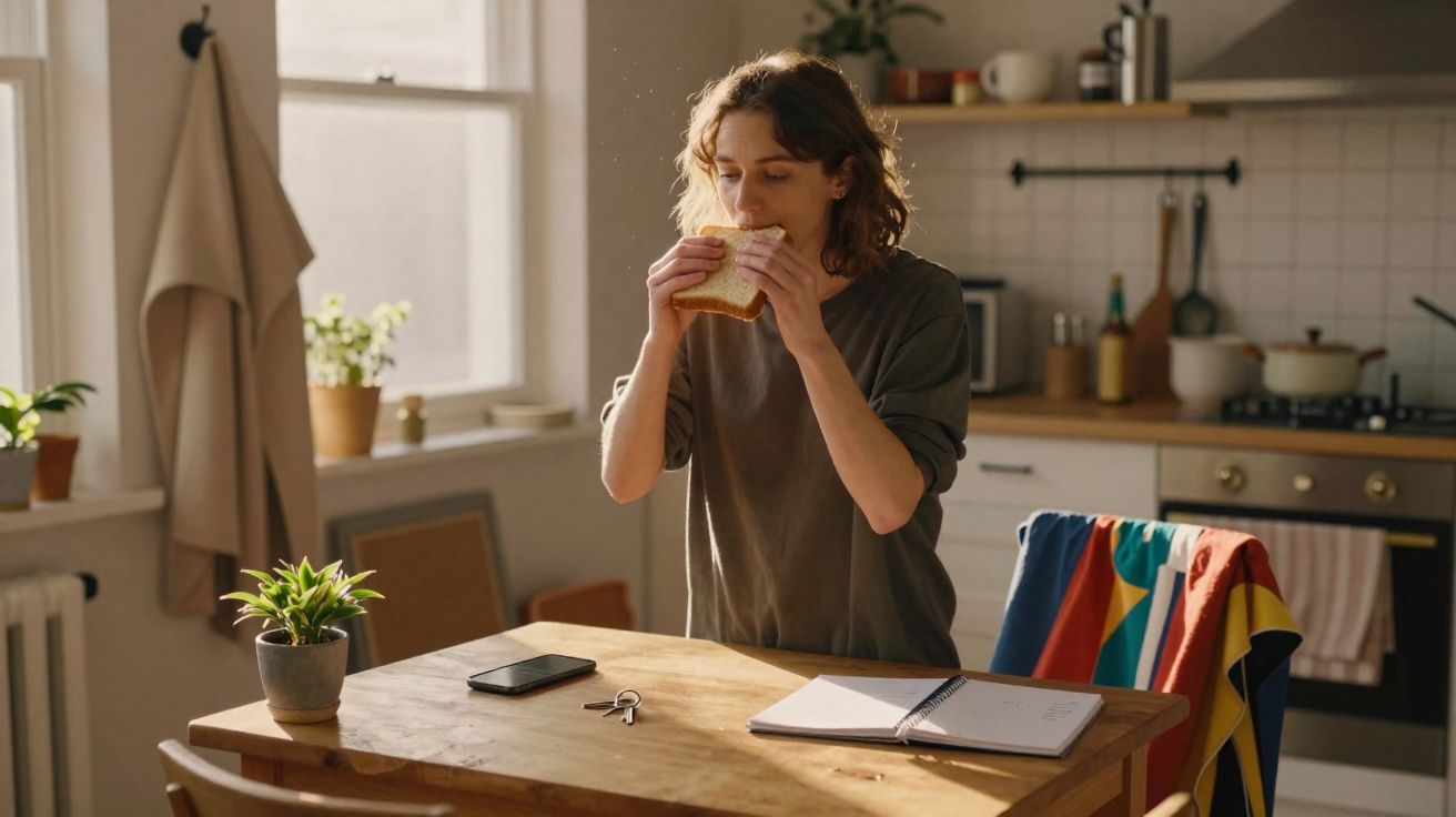 Mulher jovem a comer sanduíche numa cozinha luminosa, com mesa de madeira e plantas.