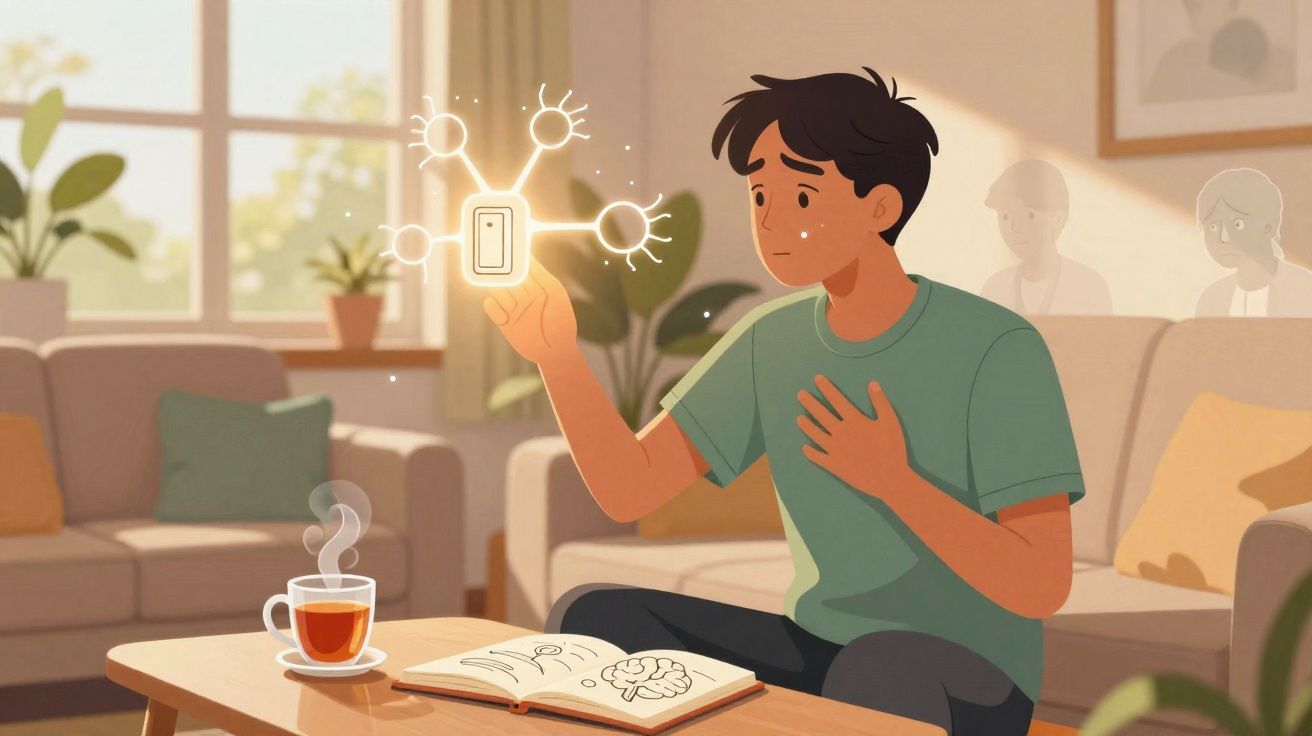 Pessoa sentada num sofá a interagir com luz brilhante no dedo num ambiente confortável e iluminado.