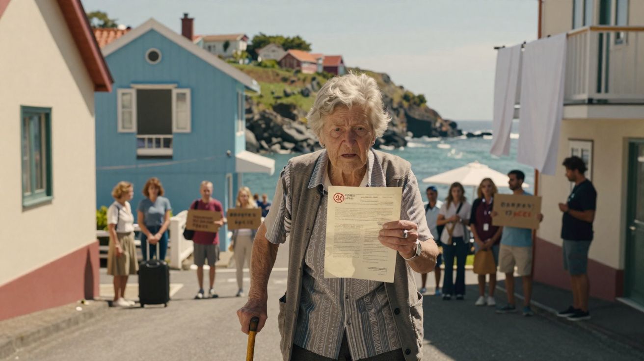 Senhora idosa com bengala segura documento, várias pessoas ao fundo com placas em rua junto ao mar.