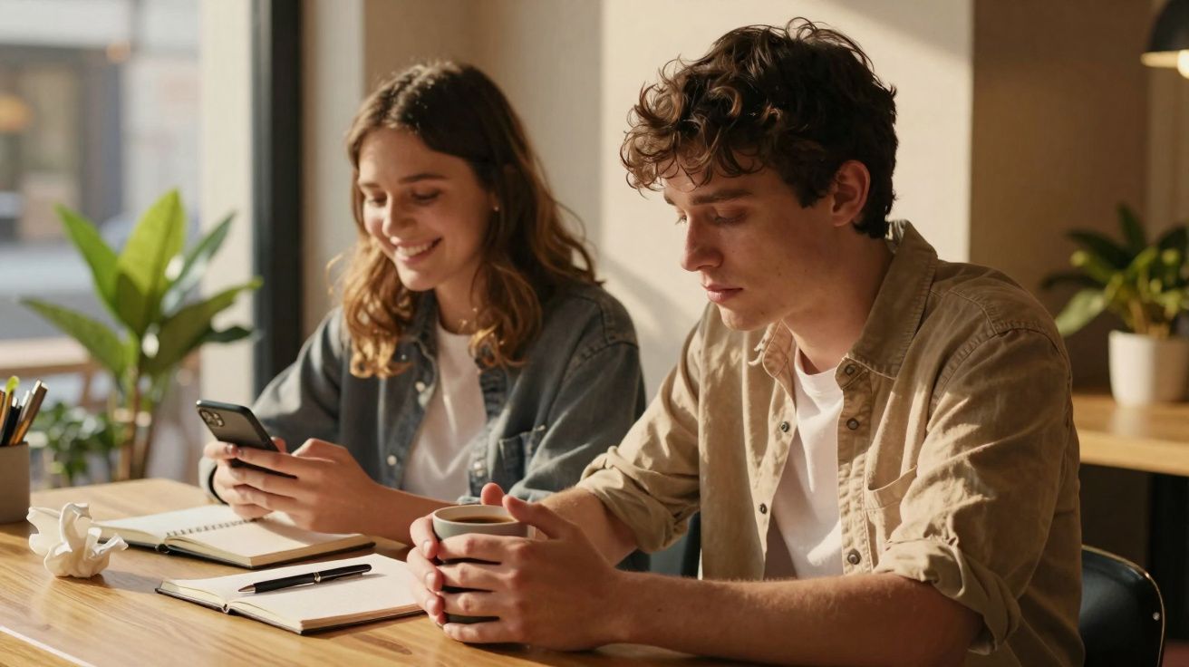 Dois jovens sentados à mesa, ele com uma chávena nas mãos, ela a olhar para o telemóvel sorrindo.
