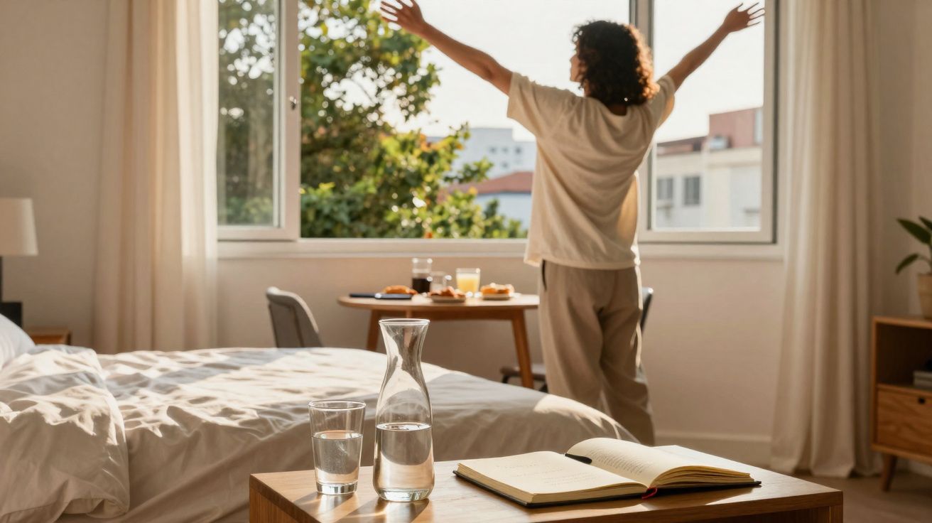 Mulher estica os braços numa manhã luminosa em quarto com cama, mesa de café e janela aberta.