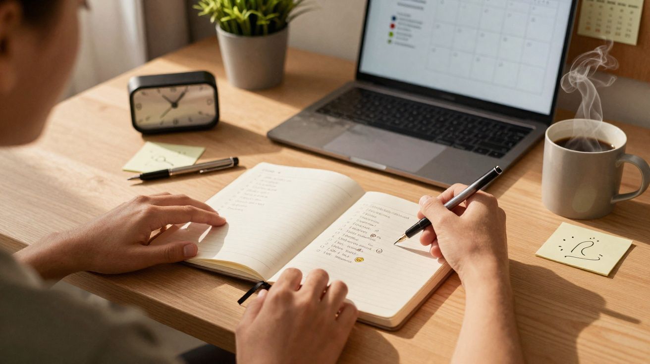 Pessoa a escrever numa agenda de página dupla com caneta, laptop, relógio, plantas e chá quente na secretária.