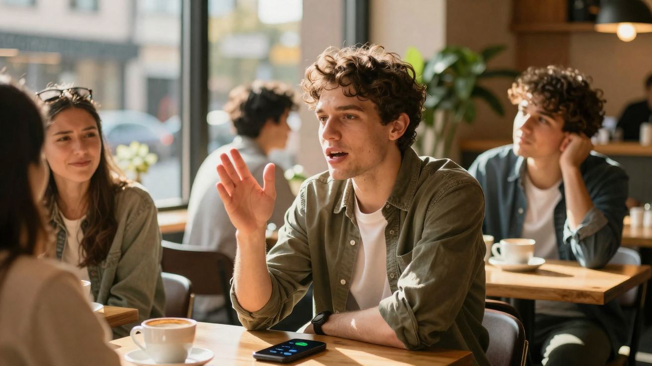 Jovens conversam animadamente numa cafetaria com chávenas de café sobre a mesa, num ambiente iluminado.
