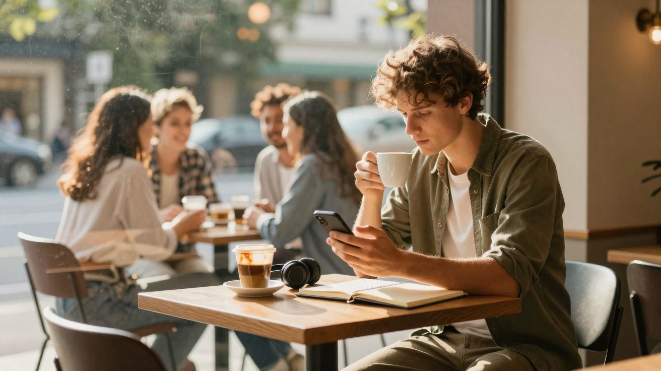 Jovem sentado num café a olhar para o telemóvel enquanto segura uma chávena de café.