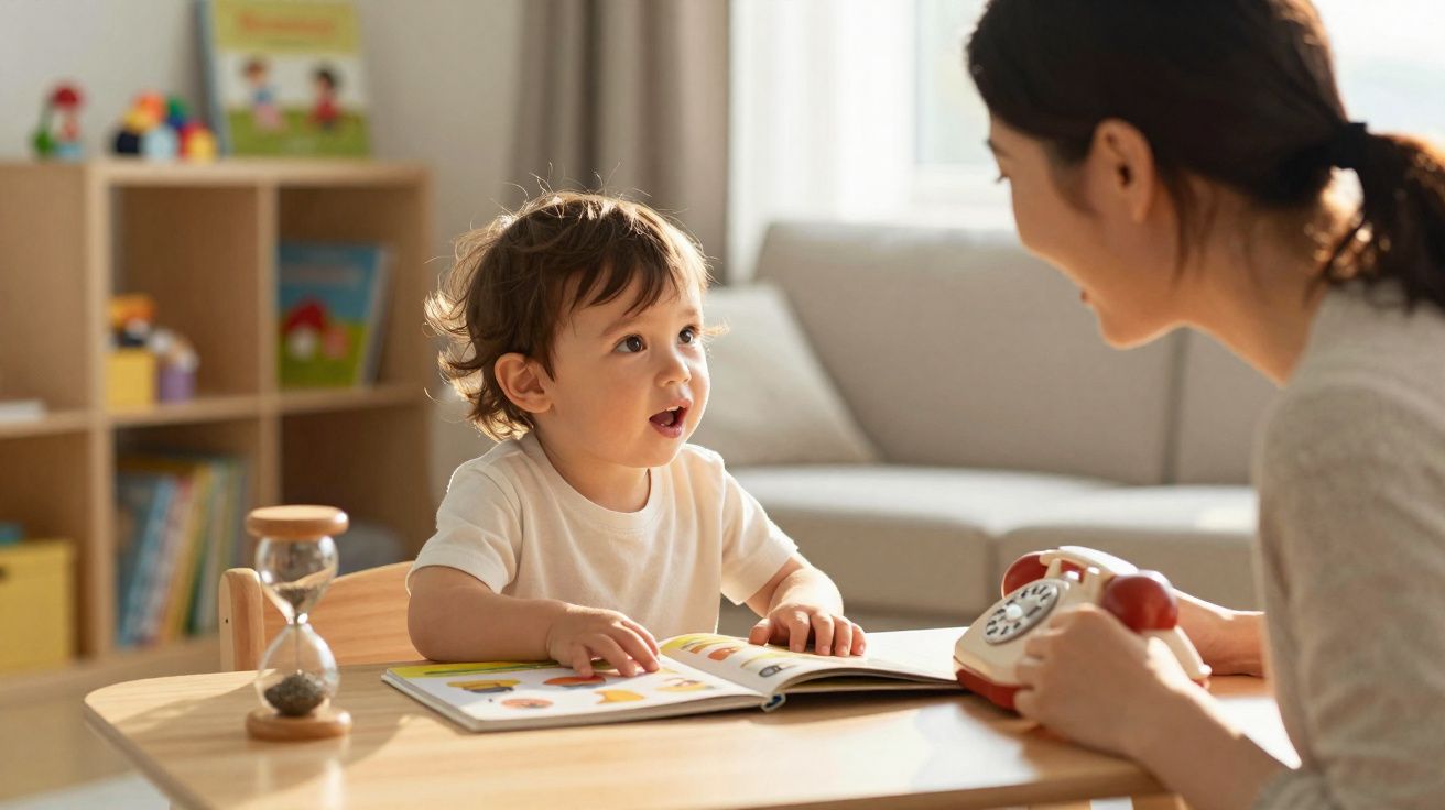 Criança pequena sentada à mesa a ler livro com mulher que segura telefone vintage num ambiente acolhedor.