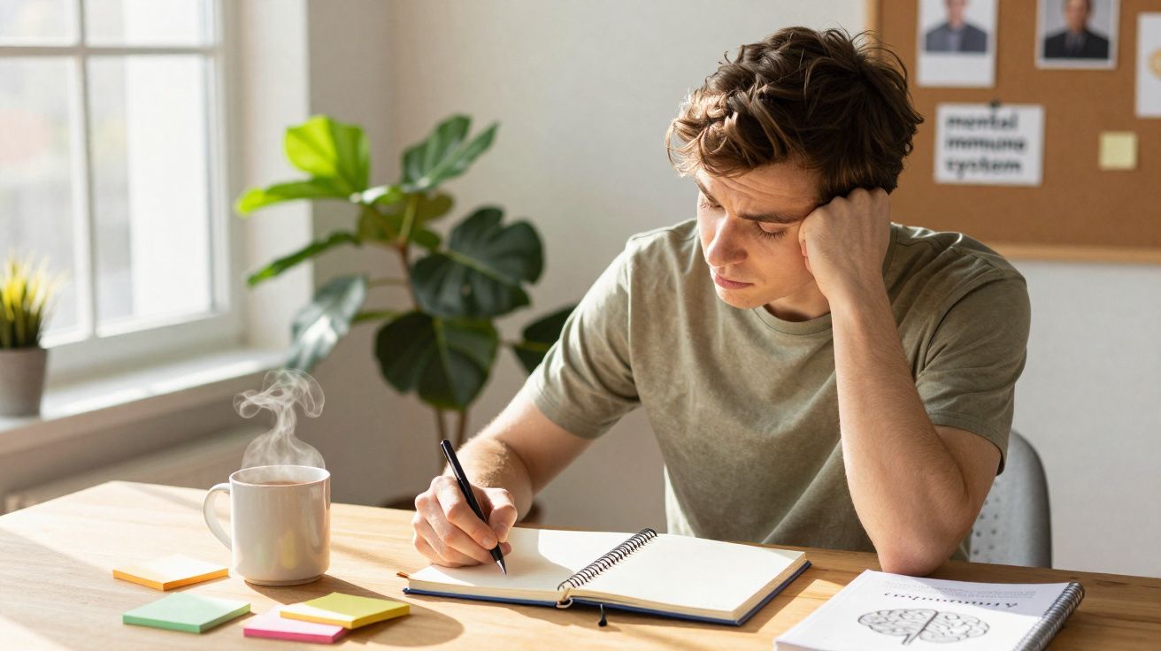 Jovem sentado à mesa com expressão pensativa a escrever num caderno, com chá quente e post-its ao lado.