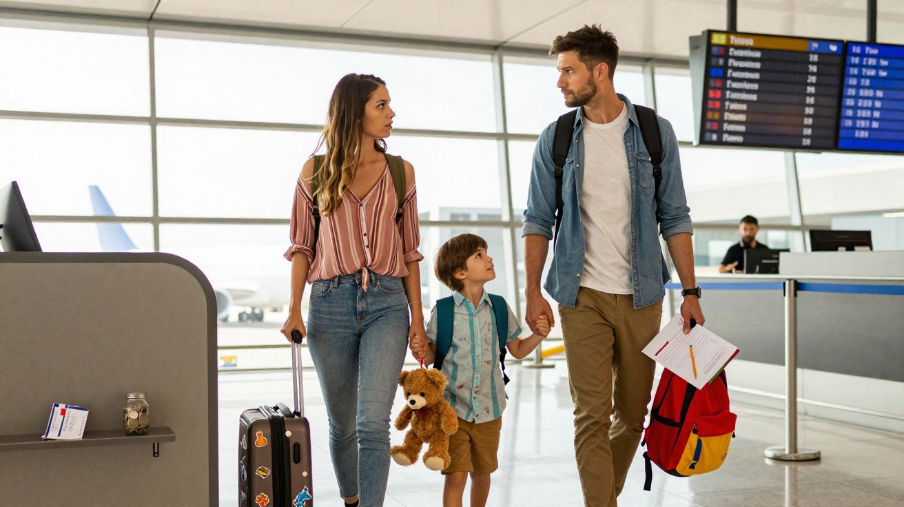 Família com uma criança no aeroporto, pais com mochilas e malas, criança segura um ursinho de peluche.