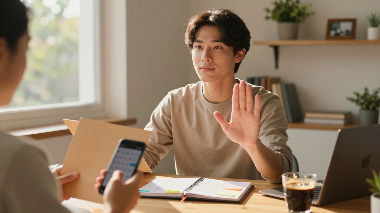 Homem jovem sentado numa mesa, a fazer gesto de parar com a mão, enquanto outra pessoa usa telemóvel.