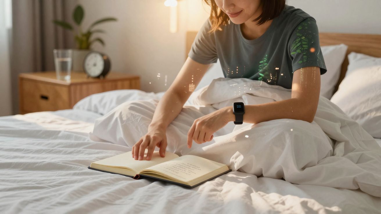 Mulher sentada na cama a ler um livro, com relógio inteligente no pulso e luz suave no quarto.