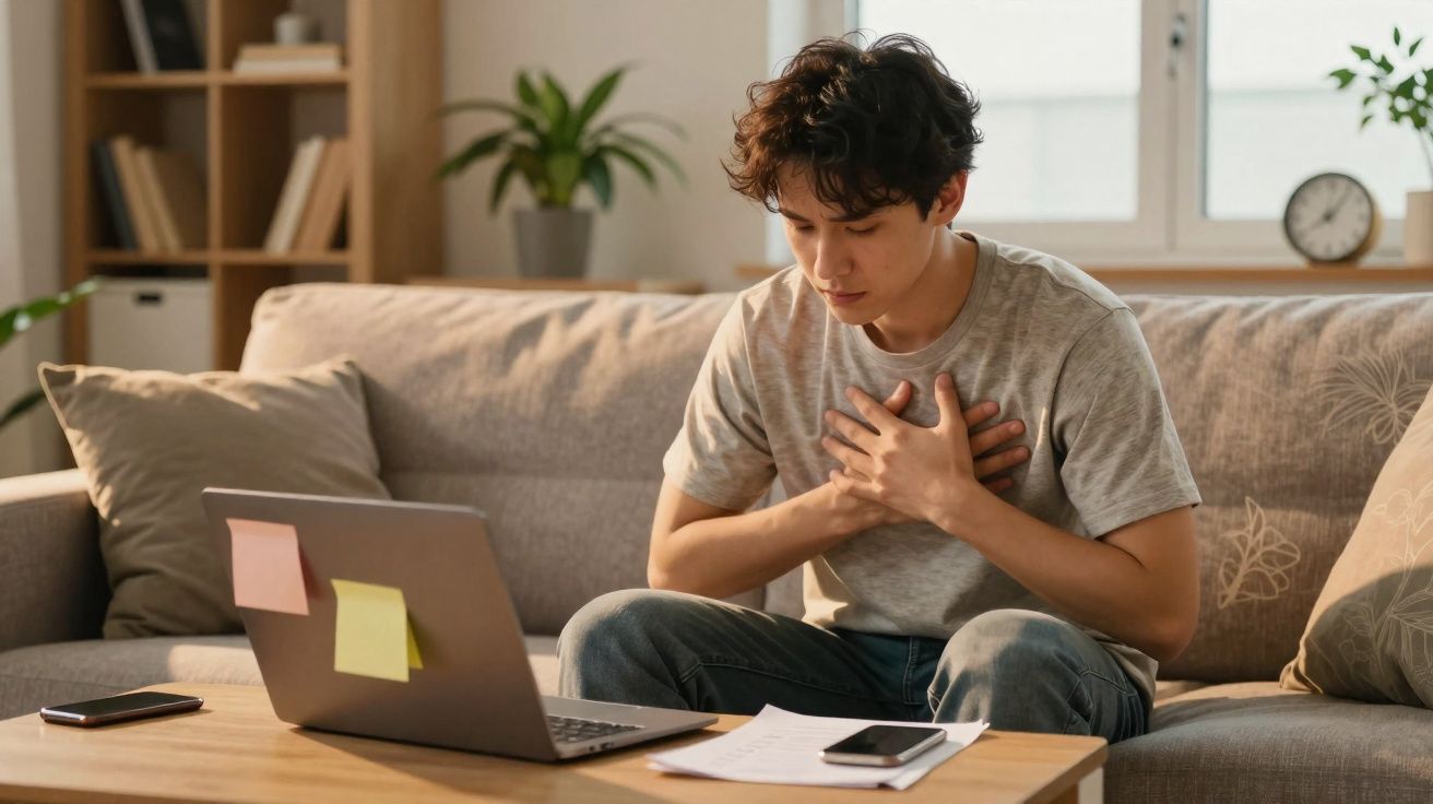 Jovem sentado no sofá com mãos no peito aparentando dor, junto a computador portátil e documentos numa mesa.