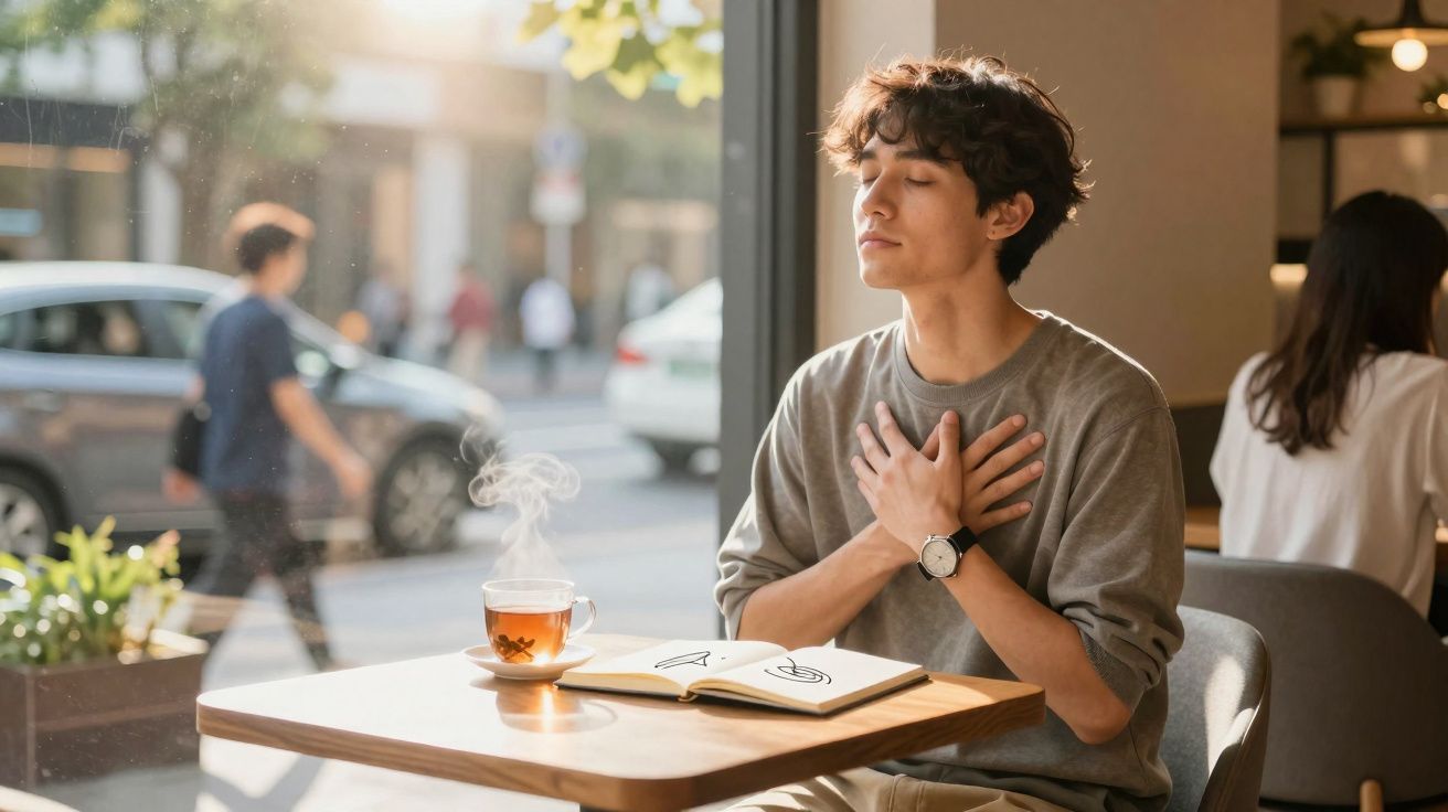 Jovem sentado num café com olhos fechados, mãos no peito, chá quente e caderno aberto à sua frente.