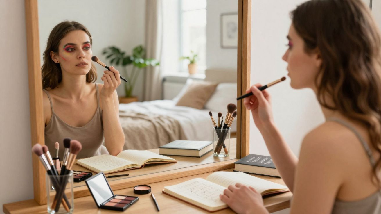 Mulher jovem a aplicar maquilhagem colorida enquanto se olha ao espelho numa secretária com livros e pinceis.