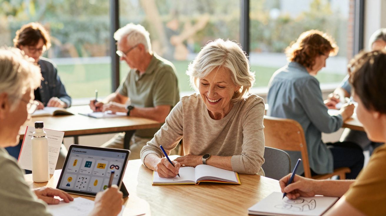 Grupo de adultos seniores estudam e escrevem em cadernos numa sala iluminada e aberta.