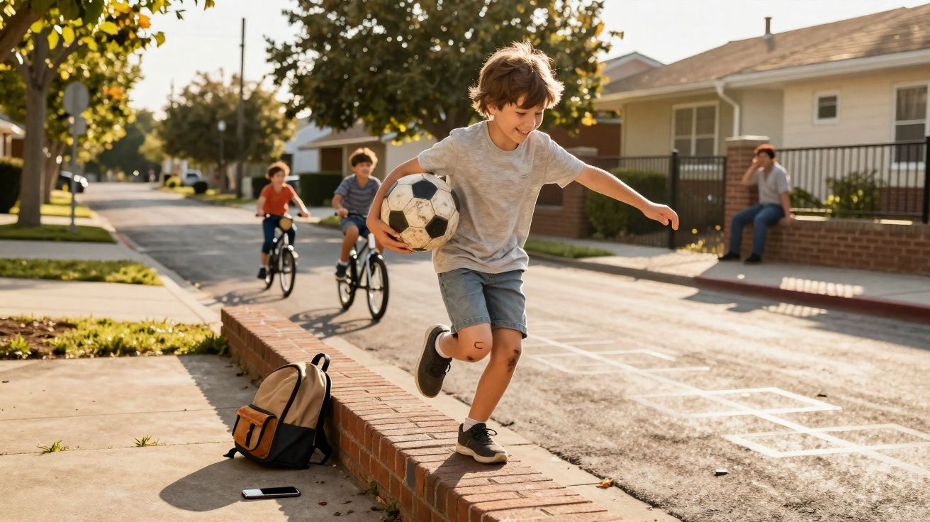 Criança a caminhar em cima de muro com bola de futebol, enquanto dois amigos andam de bicicleta na rua residencial.