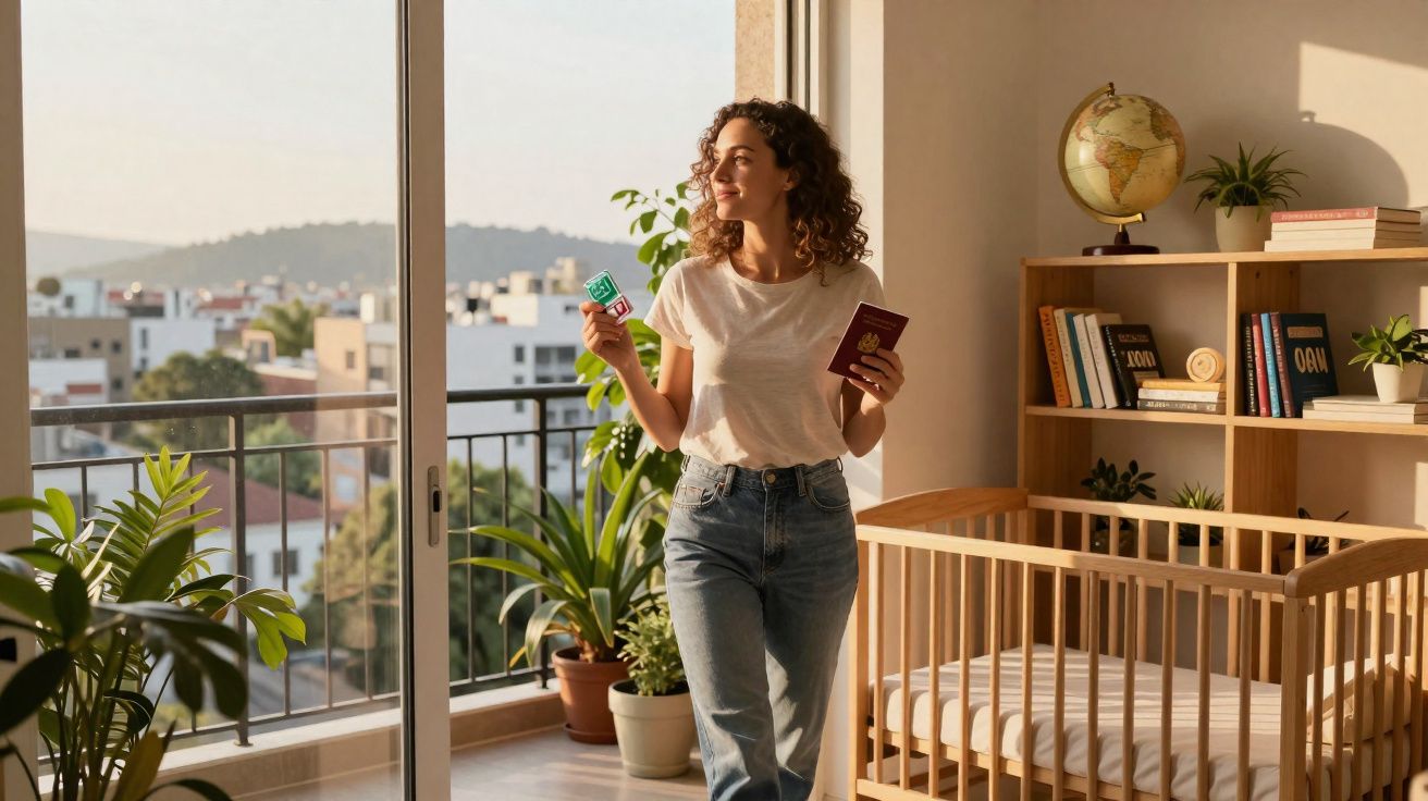 Mulher com cabelo encaracolado segura passaporte e cartões, olhando para a varanda de apartamento iluminado.