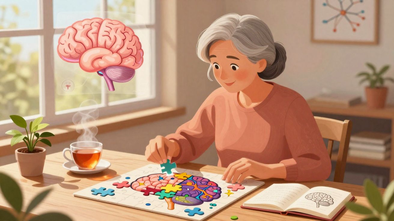 Mulher sénior a montar puzzle de cérebro sentado à mesa luminosa com chá e livro aberto.