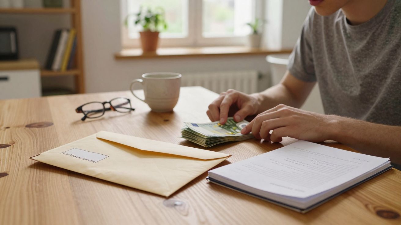 Pessoa a contar notas de euro numa mesa com envelope, óculos, caderno e chávena num ambiente iluminado.