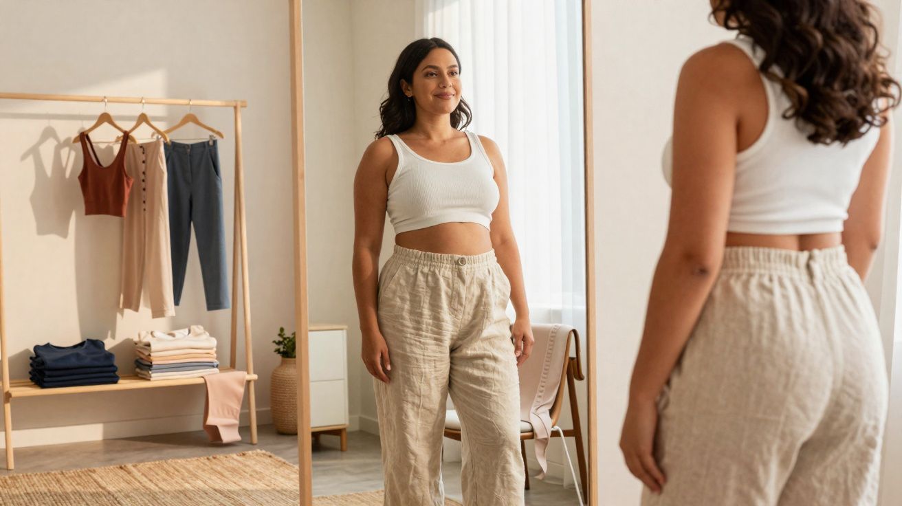 Mulher com roupa casual contempla o reflexo num espelho grande numa divisão iluminada.