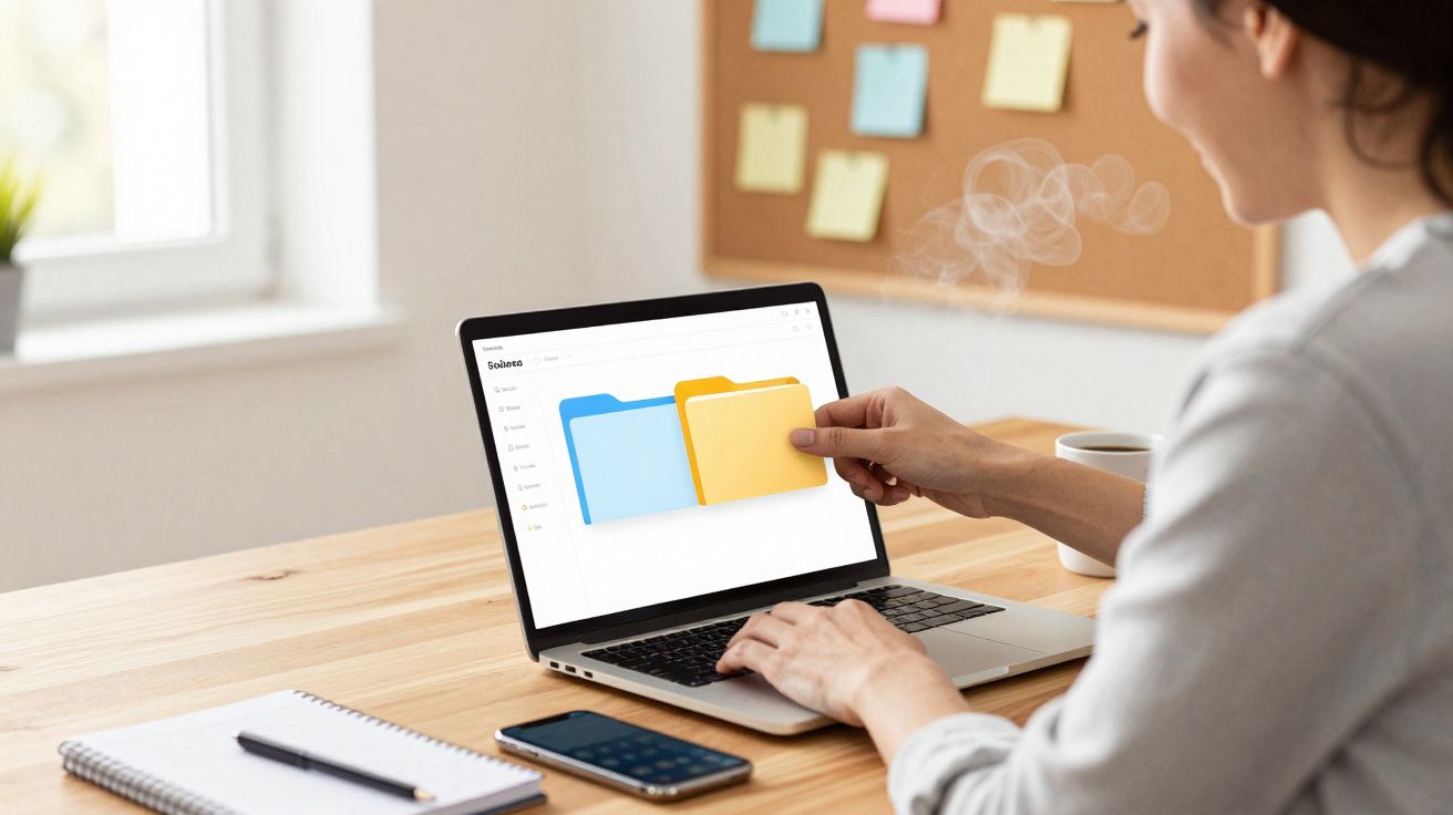 Pessoa a organizar pastas digitais num computador portátil numa secretária com caderno e smartphone.