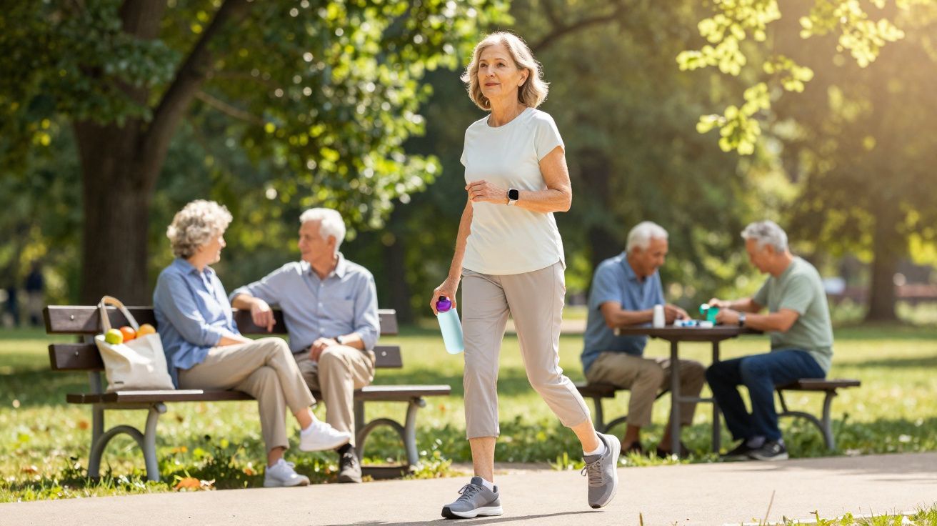 Mulher sénior a caminhar num parque com garrafa de água, enquanto outras pessoas idosas conversam e jogam à mesa ao fundo.