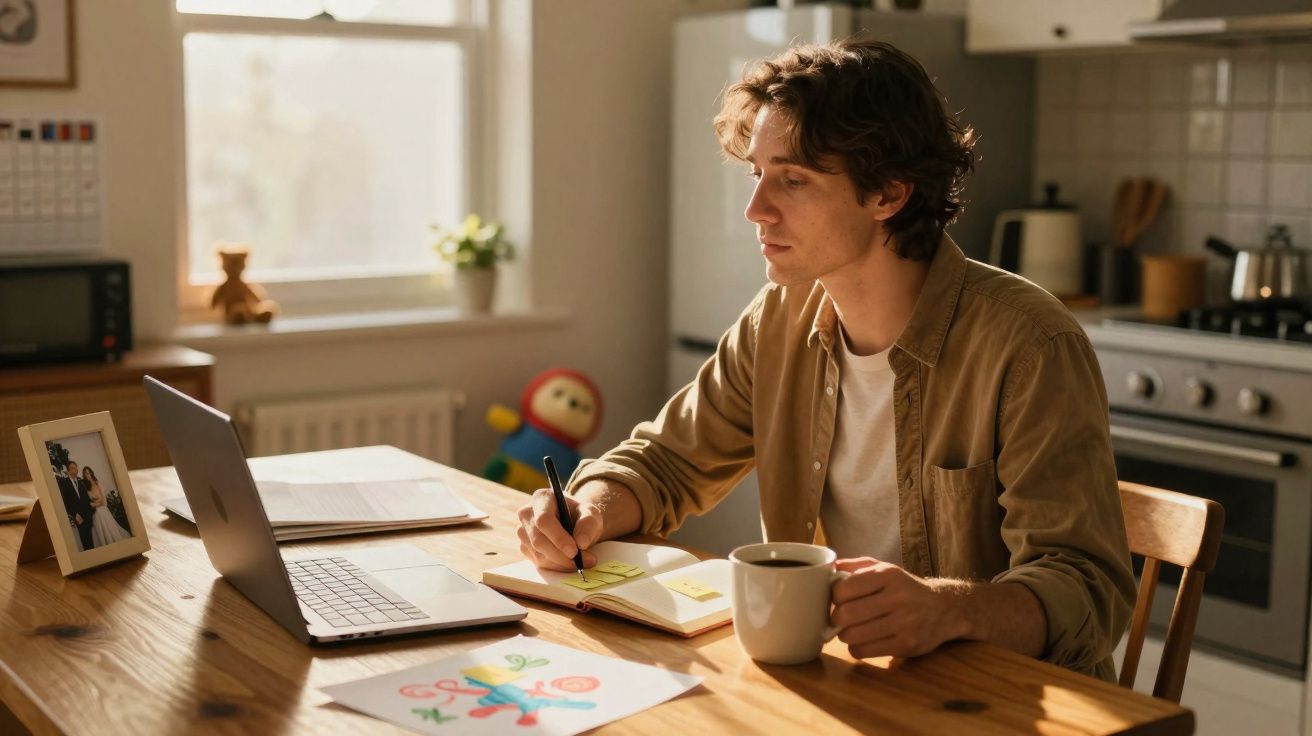 Jovem a trabalhar em casa, escrevendo num caderno com uma chávena na mão, computador e desenhos na mesa.