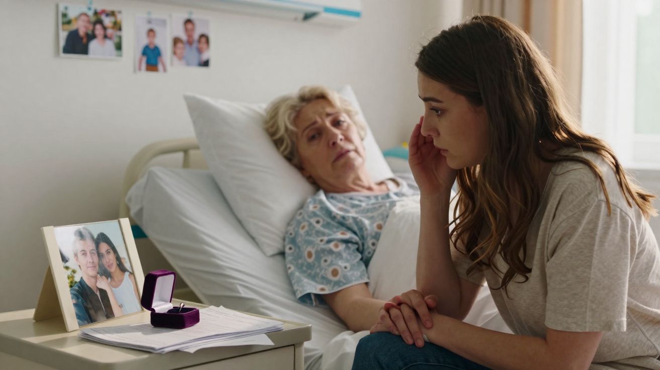 Mulher jovem consola idosa doente numa cama de hospital, com fotos familiares na mesa ao lado.