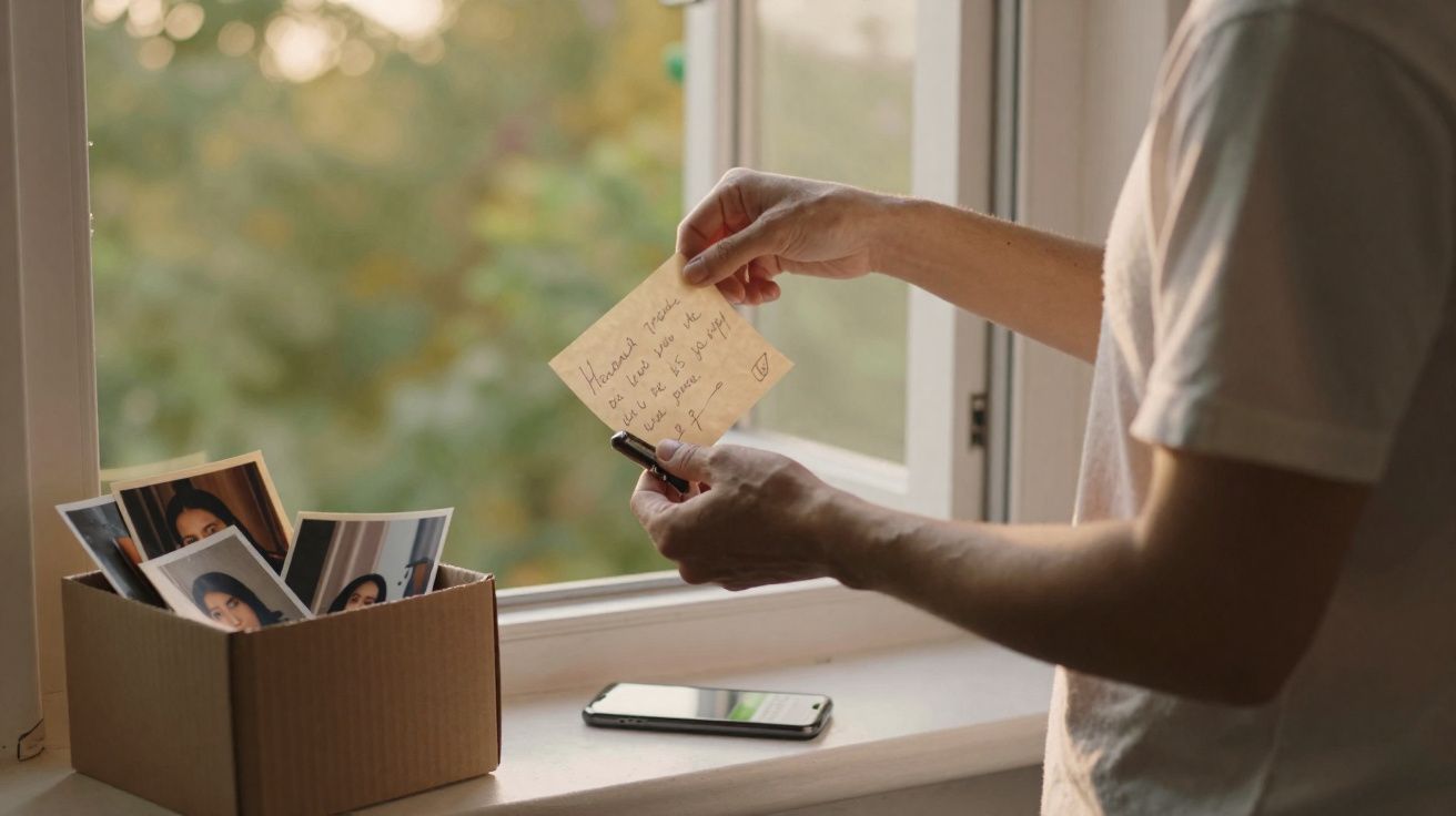Pessoa a segurar um papel com nota manuscrita junto a uma caixa com fotografias junto à janela aberta.