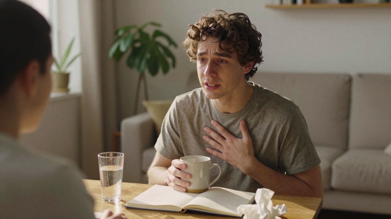Jovem a conversar, com expressão preocupada e mão no peito, sentado à mesa com livro aberto e caneca na mão.