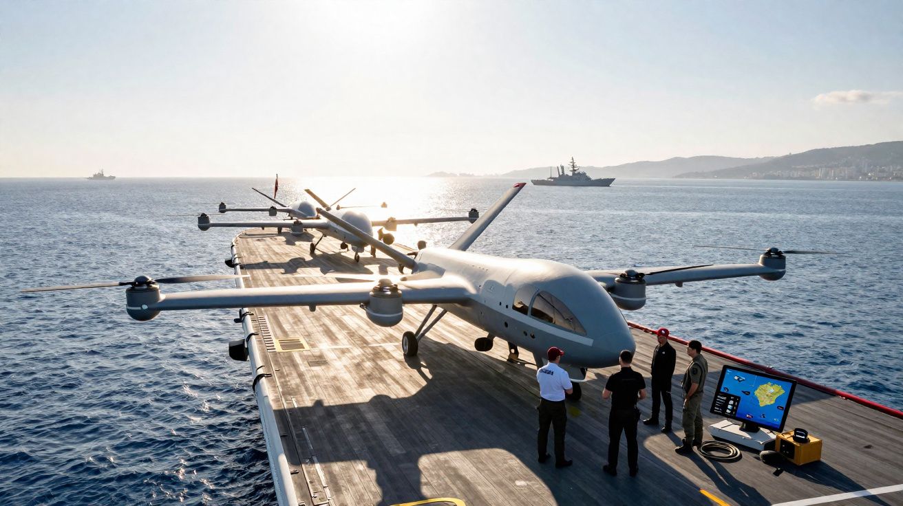 Drones armados alinhados na ponte de um navio militar no mar com cinco pessoas a bordo.