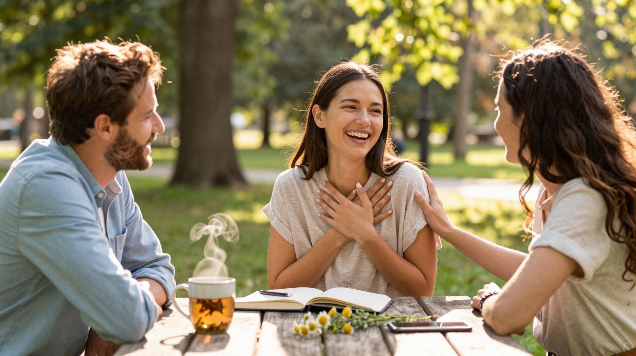 Grupo de amigos a conversar e rir junto a uma mesa num parque, com chá e flores sobre a mesa.