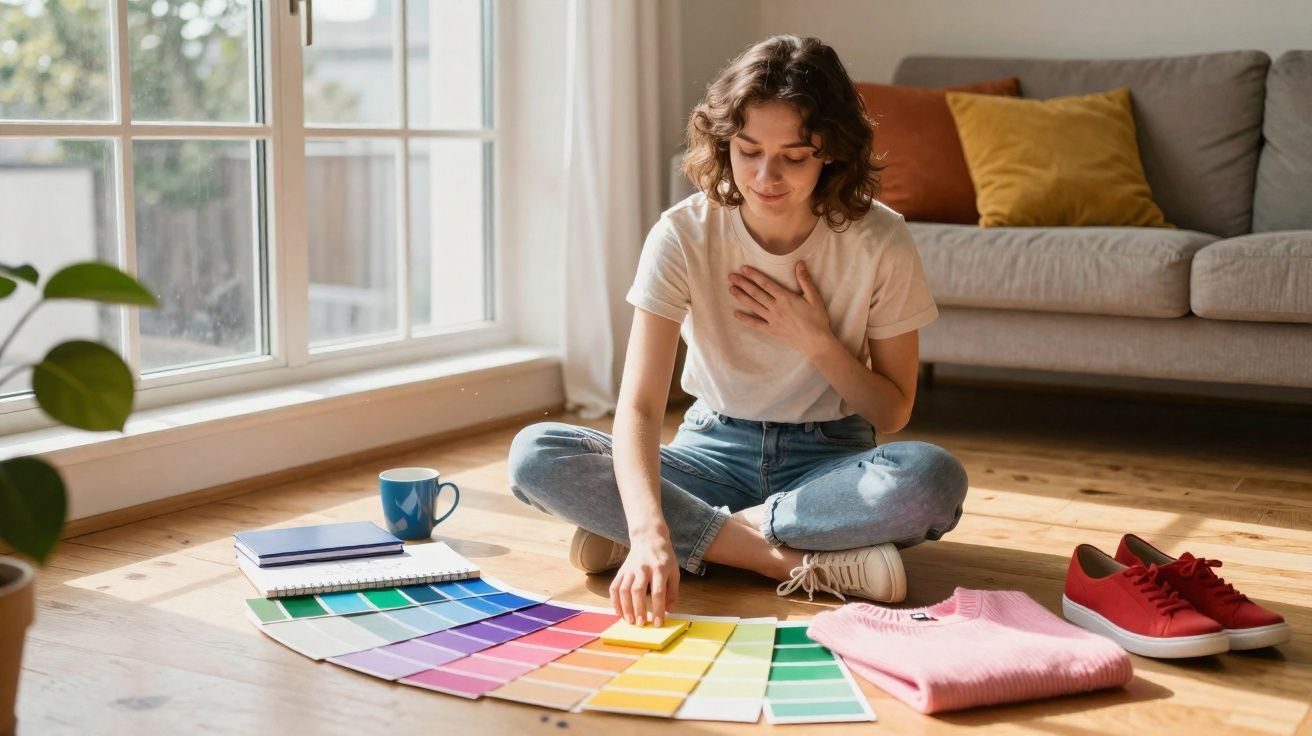 Jovem sentada no chão a escolher cores numa paleta junto a roupa, sapatos e uma caneca azul numa sala iluminada.