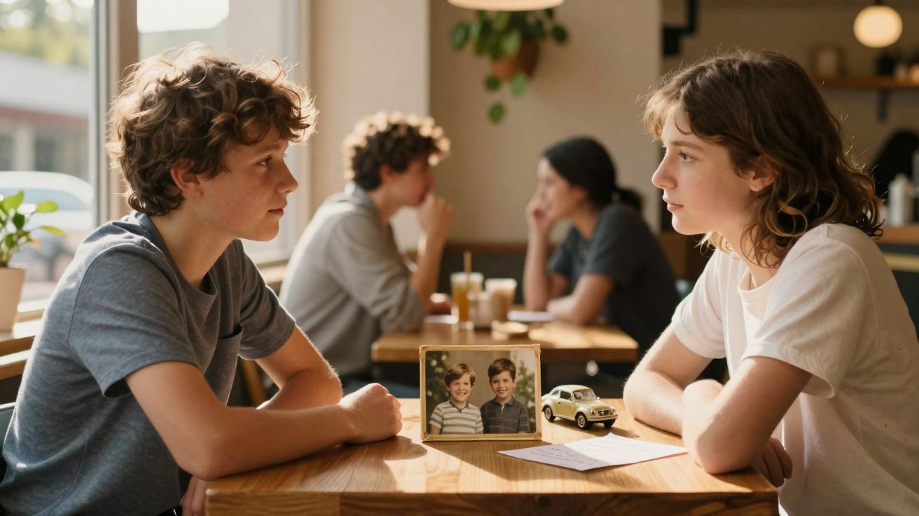 Dois jovens sentados frente a frente numa mesa de café com uma foto antiga e um carrinho em miniatura entre eles.