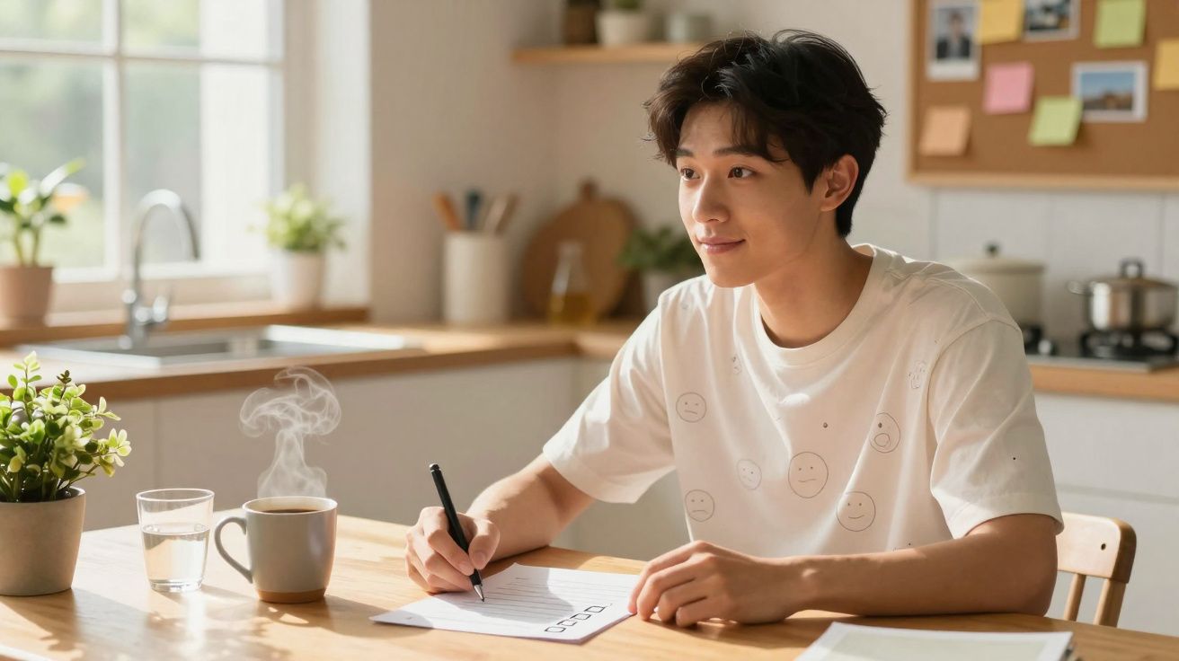 Jovem sentado a escrever numa folha numa cozinha iluminada, com chá quente e planta na mesa.