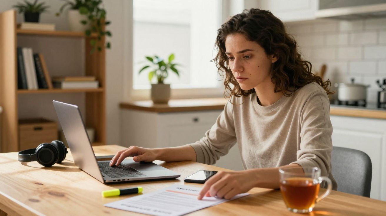 Mulher sentada numa mesa, a usar laptop e a ler um documento, com chá e auscultadores à frente.