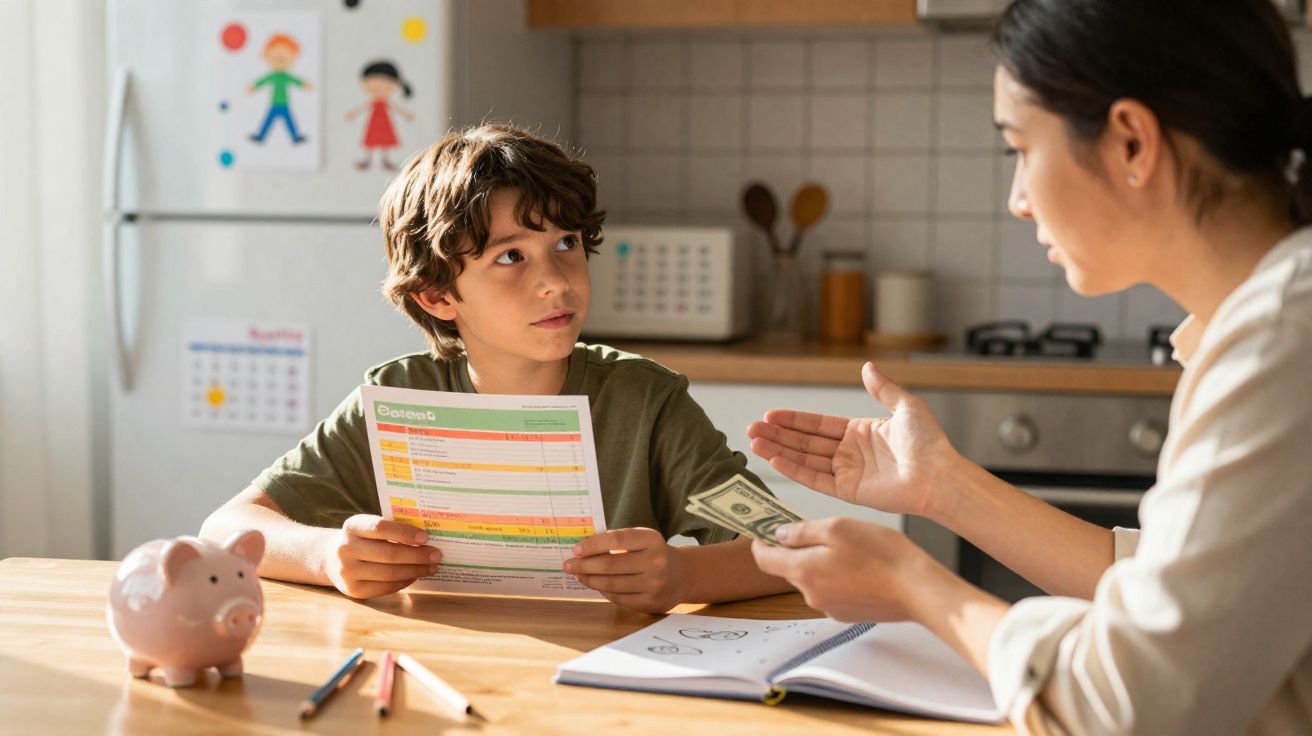 Criança a mostrar uma lista com despesas enquanto conversa com um adulto que segura dinheiro na cozinha.