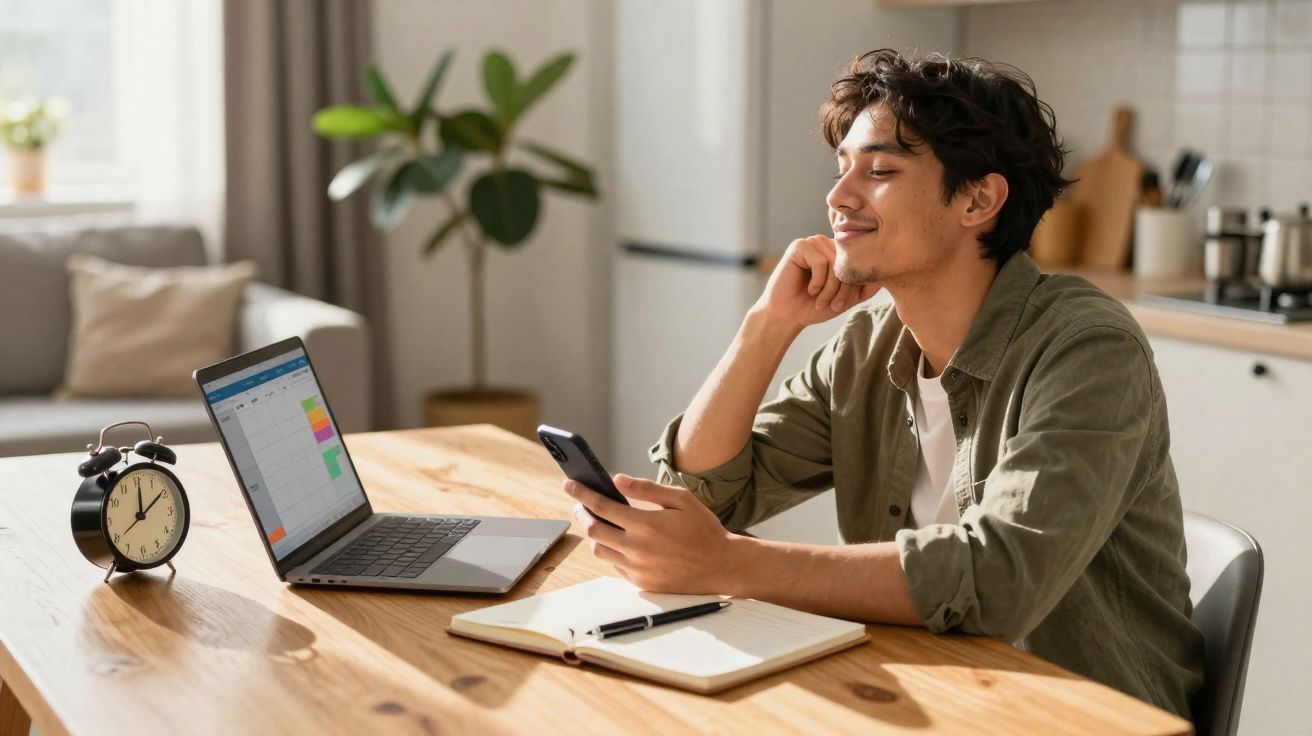 Jovem sentado à mesa com computador, telemóvel e caderno, sorrindo e a olhar para o ecrã do telemóvel.