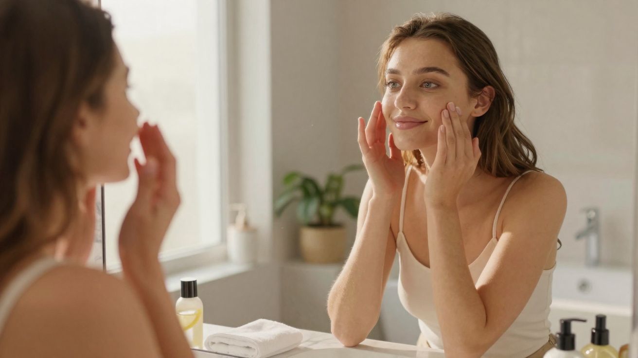 Mulher a aplicar creme facial enquanto se olha ao espelho numa casa de banho luminosa.