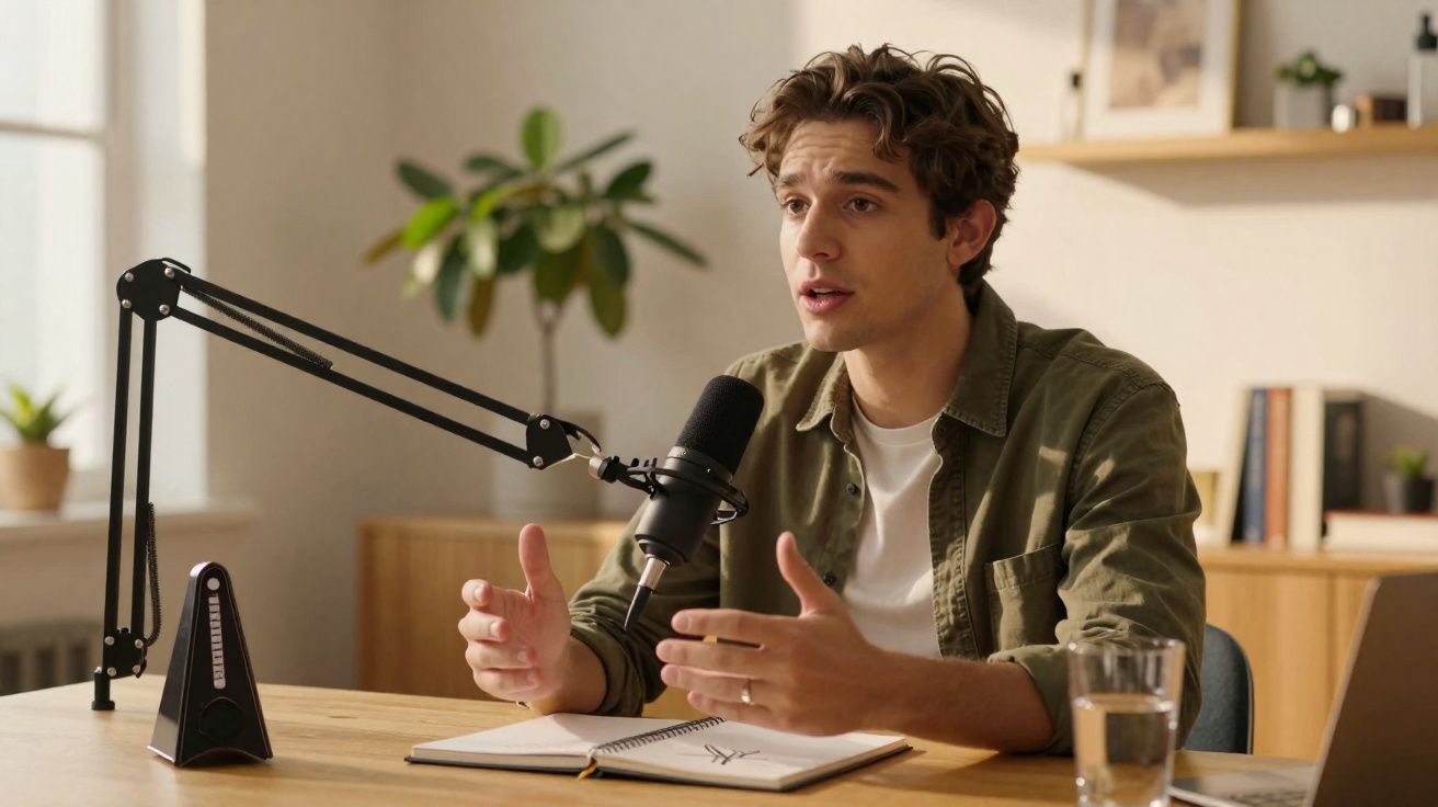 Jovem a falar num microfone de estúdio enquanto grava podcast ou gravação em ambiente doméstico.