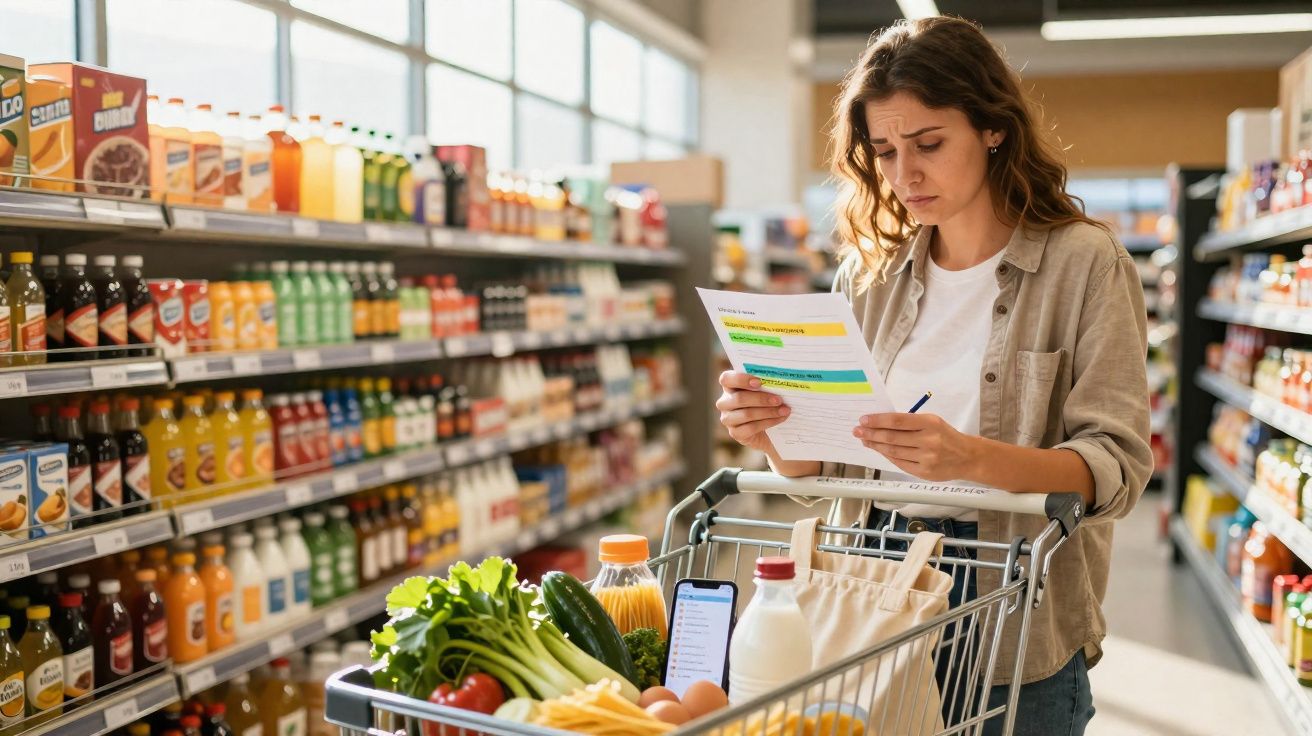 Mulher a fazer lista de compras com carrinho cheio num corredor de supermercado.