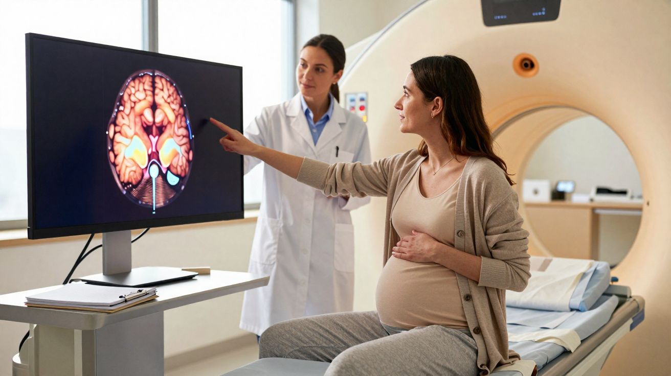 Mulher grávida discute imagem de ressonância cerebral com médica em clínica de diagnóstico por imagem.