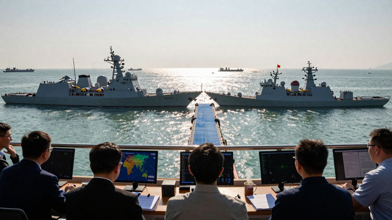 Cinco homens de costas observam navios militares atracados em mar calmo sob céu claro ao entardecer.