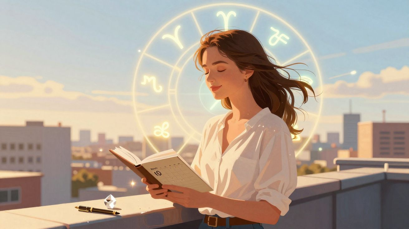 Mulher a ler um livro ao pôr do sol, com signos do zodíaco iluminados atrás dela.