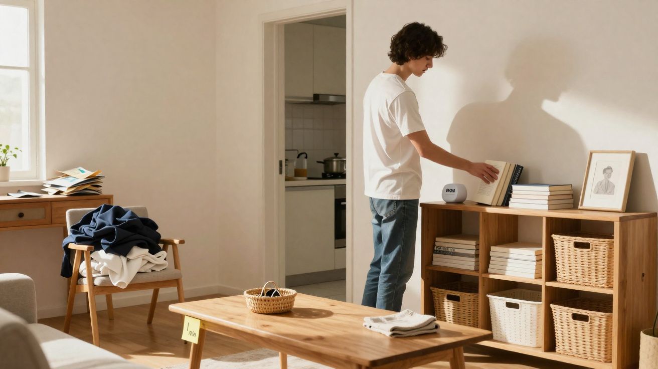 Homem em sala organizada com estante, mesa de madeira e cadeira com roupas dobradas.