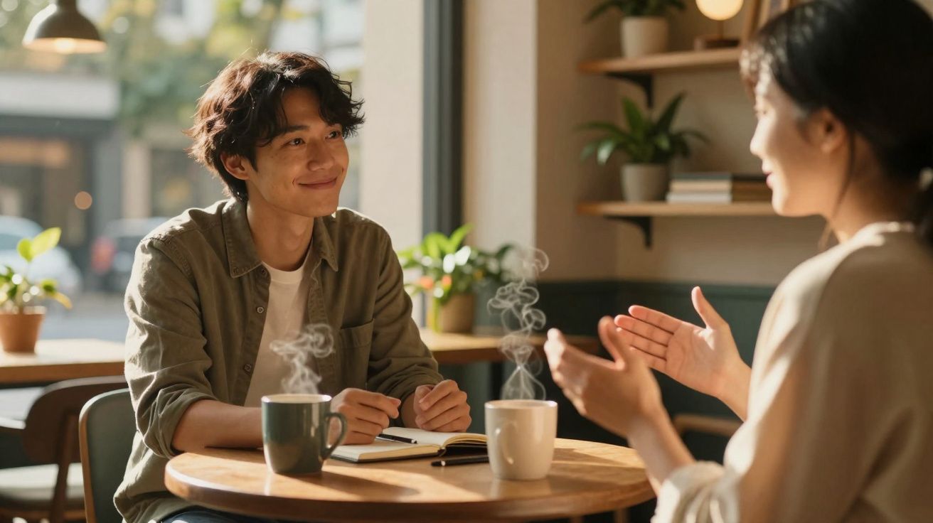 Duas pessoas a conversar animadamente numa cafetaria, com chá ou café quente numa mesa redonda.