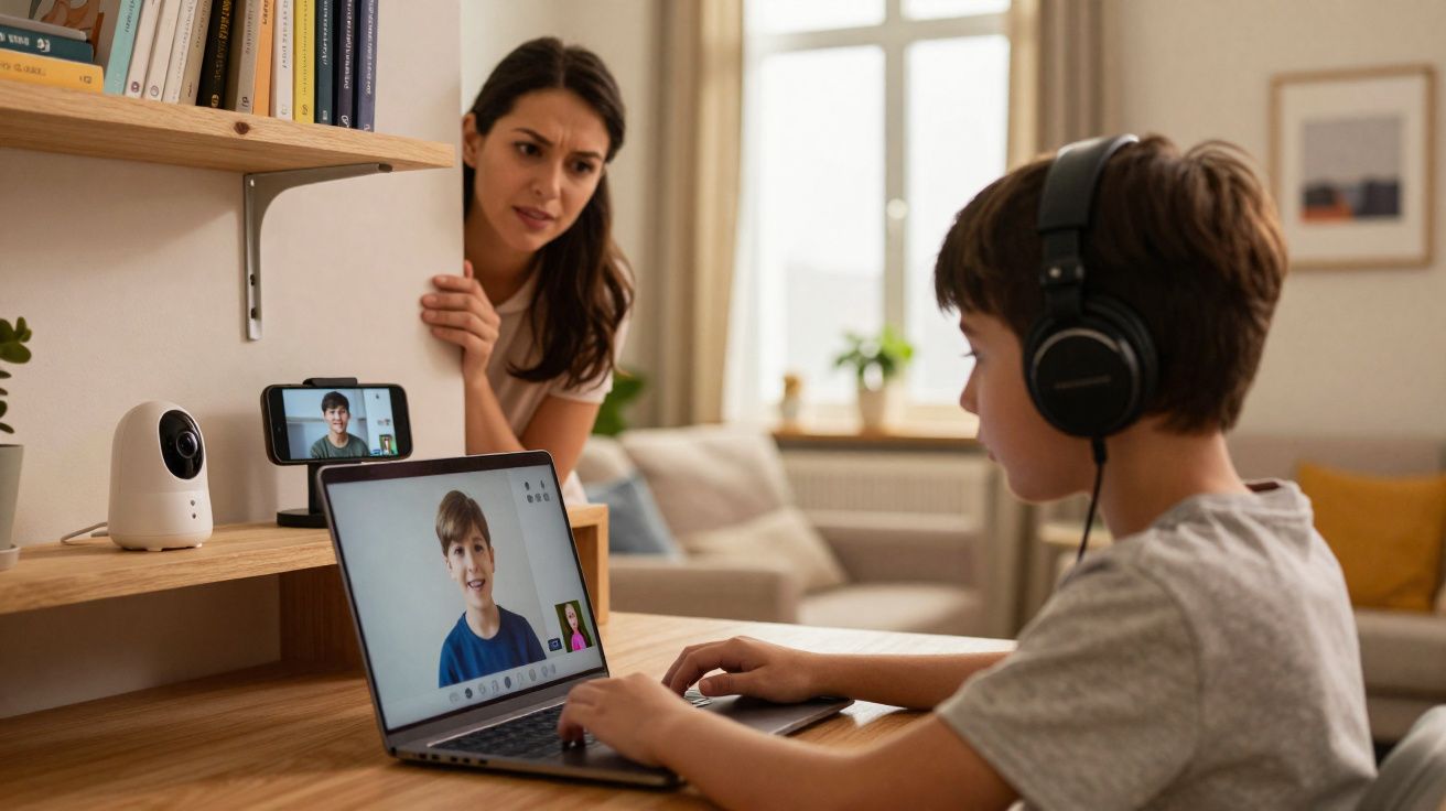 Menino com auscultadores faz videochamada num portátil enquanto mulher observa preocupada.