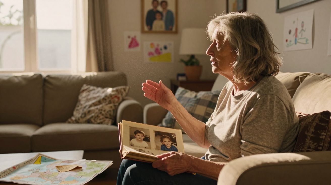 Mulher idosa sentada no sofá a olhar fotografias antigas numa sala iluminada pela luz natural.