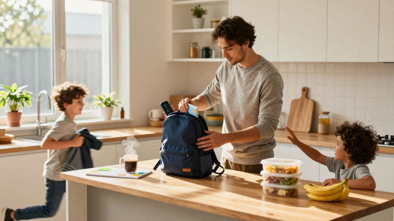 Pai prepara mochila enquanto dois filhos pequenos interagem numa cozinha luminosa e moderna.